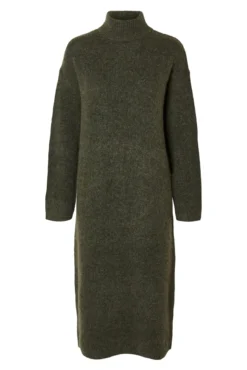 Vestido midi de gola alta confeccionado em lã Merino.