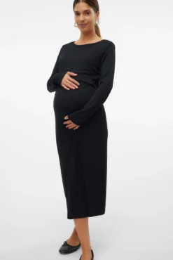 Vestido midi de manga comprida para maternity e amamentação