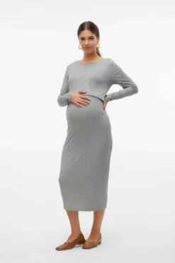 Vestido midi de manga comprida para maternity e amamentação