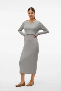 Vestido midi de manga comprida para maternity e amamentação