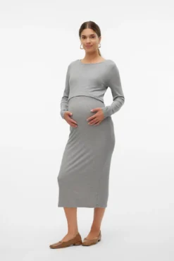 Vestido midi de manga comprida para maternity e amamentação