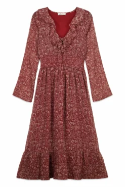 Vestido midi estampado com decote folho