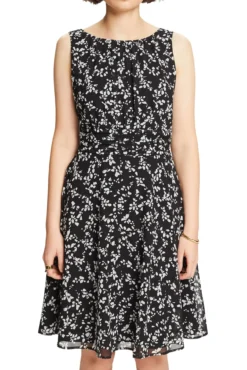 Vestido midi plissado sem mangas estampado abstrato